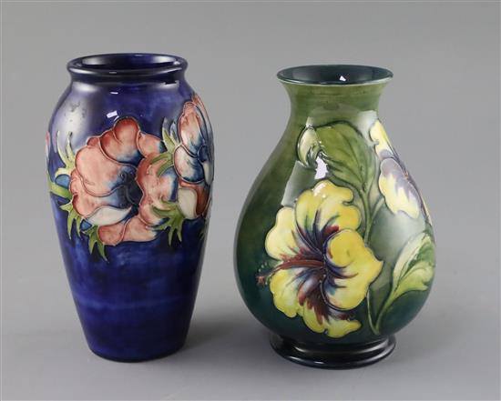 A Moorcroft anemone vase and a similar hibiscus vase, 1950/60s, H.18.3cm and 17.5cm